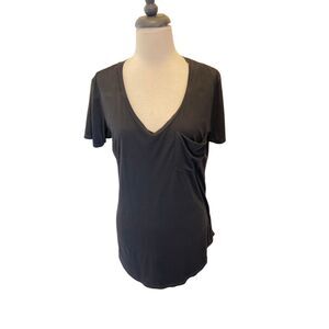 Another Love Women's V-neck Short Sleeve Faux Suede Pocket T-shirt Black Small